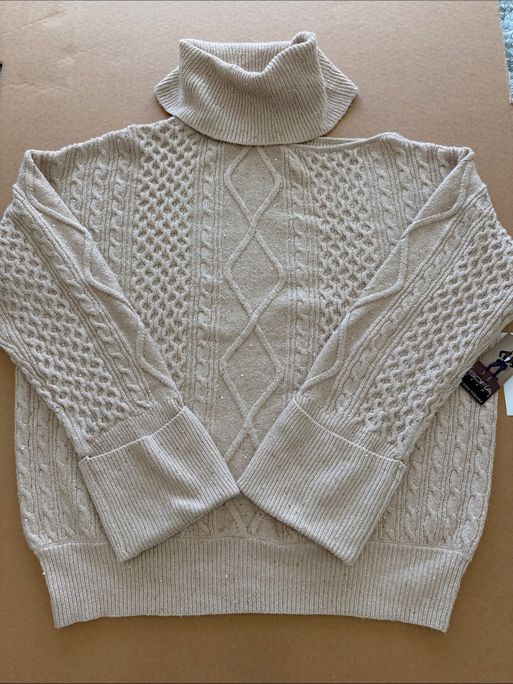 Sophia Vergara Beige One-Shoulder Cable Knit Sweater with Turtleneck - Size L